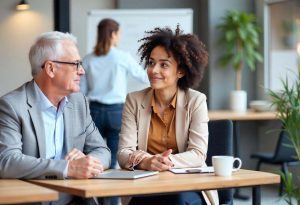 Duas pessoas conversam animadamente no trabalho sobre treinamento corporativo realizado