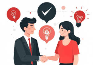 Ilustração de homem apertando a mão de mulher simbolizando confiabilidade da psicometria