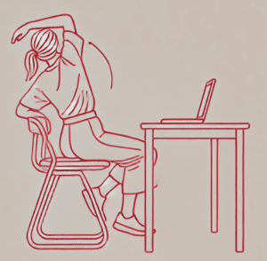 Ilustração de ginástica laboral: mulher faz movimento de coluna em cadeira 