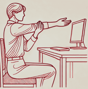 Ilustração de ginástica laboral em que mulher sentada alonga braços e punho
