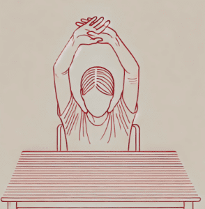Ilustração de ginástica laboral: pessoa sentada estica os braços segurando as mãos