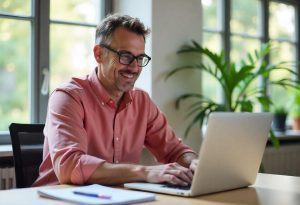 Homem administrando as escalas de trabalho com satisfação por atuar com eficiência