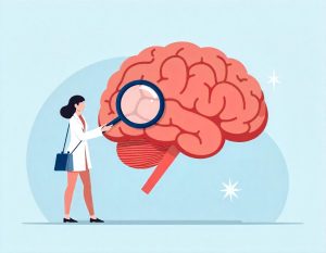 Ilustração de médica examinando um cérebro para pontuar a diferença de um neurodivergente 