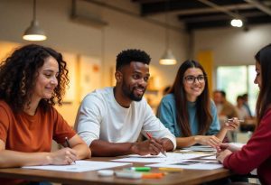 Grupo de colaboradores, incluindo um outlier, trabalha junto em projeto criativo
