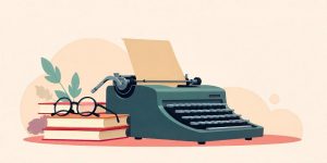Ilustração de máquina de datilografia e livros vermelhos aludindo à história da contribuição sindical