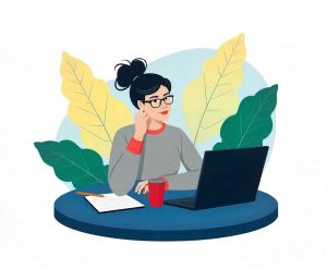 Ilustração de mulher fazendo teste de vocação em seu computador
