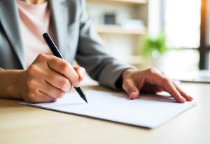 Mulher sentada á mesa assina homologação de contrato de trabalho