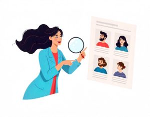 Ilustração de mulher com lupa simbolizando a pesquisa de perfis por meio do teste de vocação