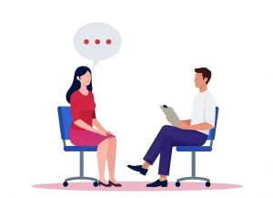 Ilustração de duas pessoas conversando, simulando psicometria