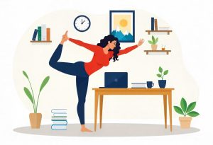 Ilustração de mulher fazendo ginástica laboral no home office