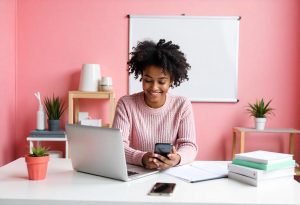 Funcionária outlier trabalha criativamente em sua mesa de trabalho