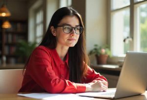 Mulher olha pensativa para seu computador imaginando perguntas a fazer para um outlier