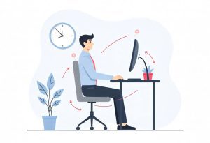 Ilustração de homem sentado em frente ao seu computador com indicadores ergonômicos na cadeira e posição da tela
