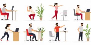 Ilustração mostra colaboradores em diversas situações fazendo ginástica laboral