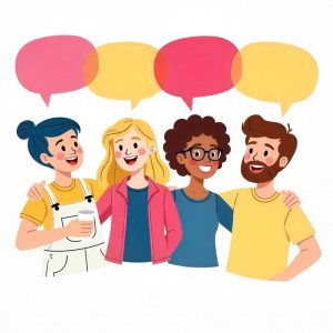 Ilustração de quatro pessoas de braços dados com balões de conversa simbolizando a gestão participativa transparente