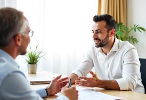 Homem faz entrevista de emprego analisando o perfil comunicador do candidato