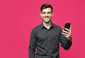 Homem segurando celular recebe benefícios por assiduidade