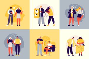 Ilustração de pessoas em diversas situações, ilustrando viés inconsciente