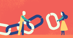 Ilustração de uma pessoa conectando o elo de uma corrente com outra, simbolizando a gestão do conhecimento