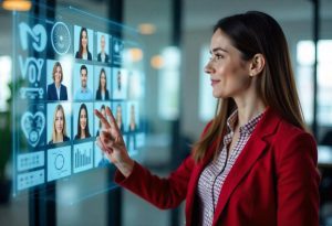 Mulher seleciona imagens de tela virtual em processo de recruitment marketing