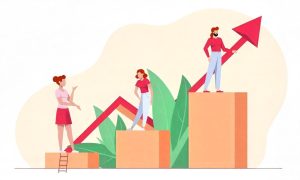 ilustração de diversas mulheres subindo gráfico ascendente, simbolizando avaliação por competência