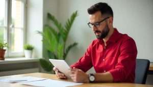 Homem com motivação intrínseca analisa informações no seu tablet
