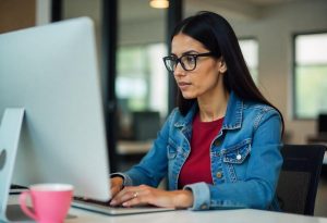 Mulher pesquisa em seu notebook o melhor sistema de gestão de pessoas