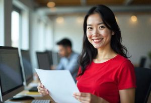 Mulher asiática com ficha de registro empregado nas mãos