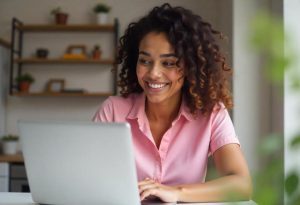 Mulher trabalhando em seu laptop demonstrando motivação intrínseca