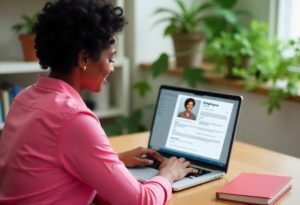 Mulher preenche ficha de registro empregado em seu laptop