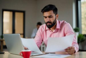 Homem realiza cálculo do salário líquido de sua empresa
