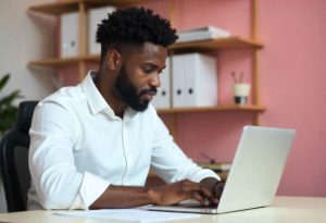 Homem organizando a ficha de registro funcionário em seu laptop