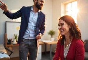 Dois colaboradores trabalhando animadamente em empresa que investe em employer branding
