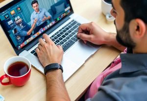 Homem participa de videoaula da universidade corporativa usando ferramentas tech