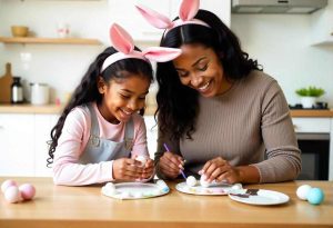 mãe e filha pintam ovos de páscoa na cozinha, comemorando um dos feriados 2025