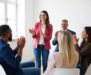Funcionária sendo aplaudida em reconhecimento a uma de suas habilidades socioemocionais