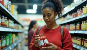 Mulher lê rótulo de molho de tomate no supermercado