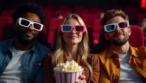 Três pessoas no cinema com óculos 3d mostram como funciona o cartão multibenefícios