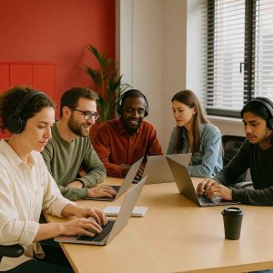 Equipe trabalhando animada por receber vale-alimentação para startups