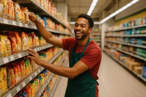 Funcionário trabalha motivado no estoque de supermercado demonstrando accountability no dia a dia
