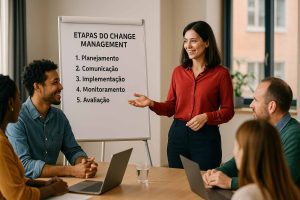 gestora de rh se reúne com equipe para falar sobre o processo de change management