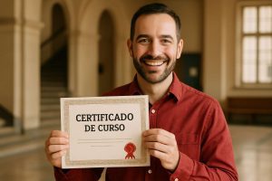 Homem sorridente em instituição de ensino segura seu certificado de curso