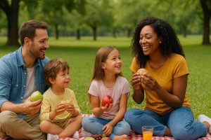 família aproveita a emenda de feriado para fazer piquenique no parque com duas crianças