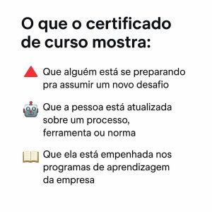 Tabela explica o que o certificado de curso mostra e três blocos de textos explicativos