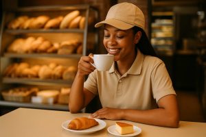 mulher usa ticket restaurante aceito em padarias para tomar café da manhã
