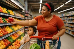 mulher faz compras em supermercado ao lado do filho de 4 anos usando o cartão alimentação corporativo