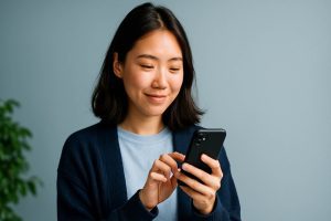 mulher asiática está no celular aprendendo como emitir segunda via do cartão Ticket