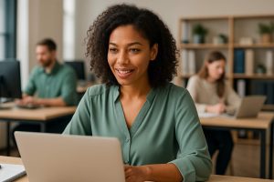 Mulher trabalha no computador do escritório criando o programa de benefícios corporativos da empresa