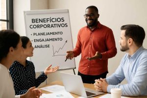 Equipe de RH da empresa faz reunião sobre gestão de benefícios corporativos