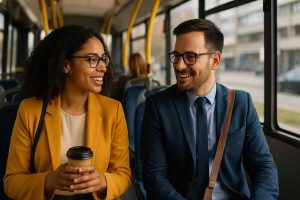 Dois colaboradores no ônibus com o cálculo do custo médio do vale transporte para empresas